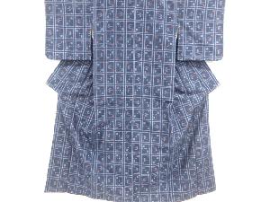 リサイクル　変わり格子に琉球絣柄織り出し手織り紬着物